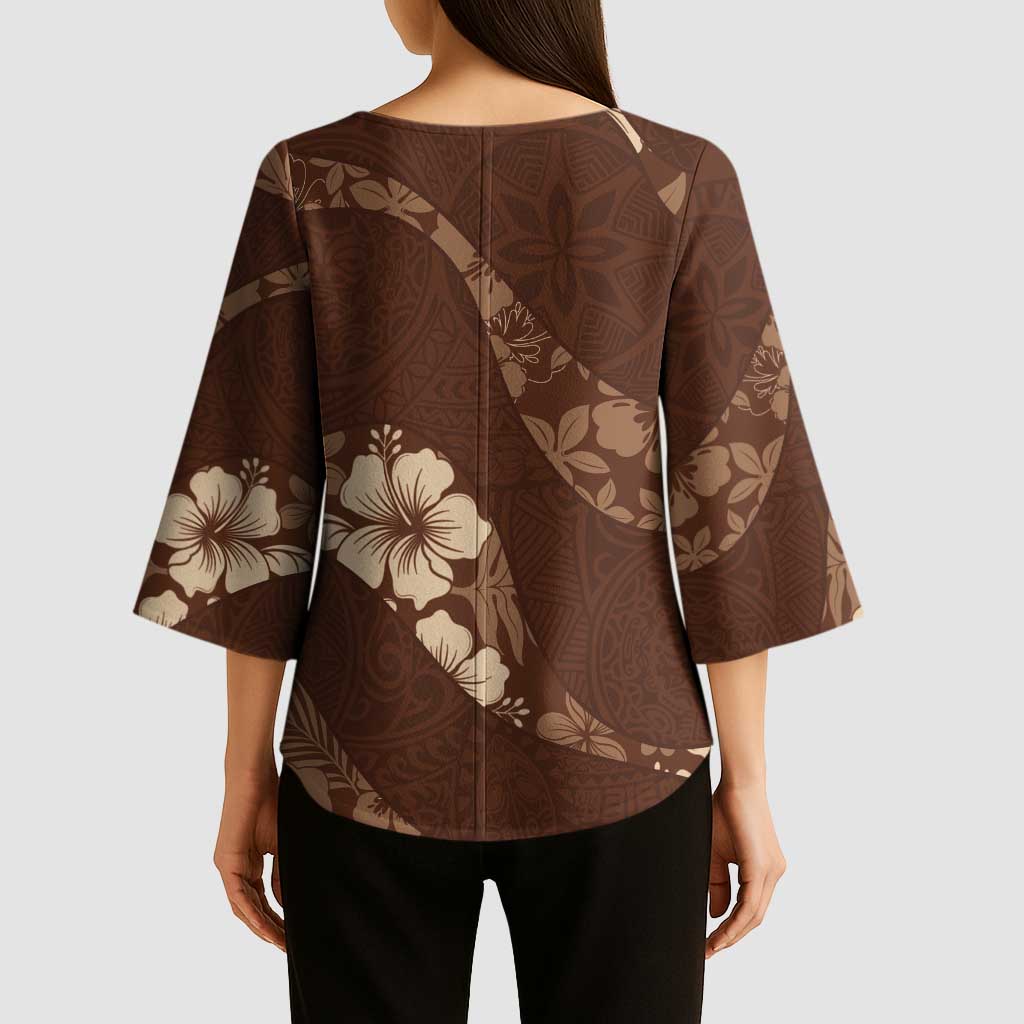 Aloha Hawaii Floral Tapa Kimono Sleeve Blouse Patchwork Mocha LT7 - Polynesian Pride