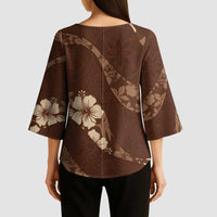 Aloha Hawaii Floral Tapa Kimono Sleeve Blouse Patchwork Mocha LT7 - Polynesian Pride