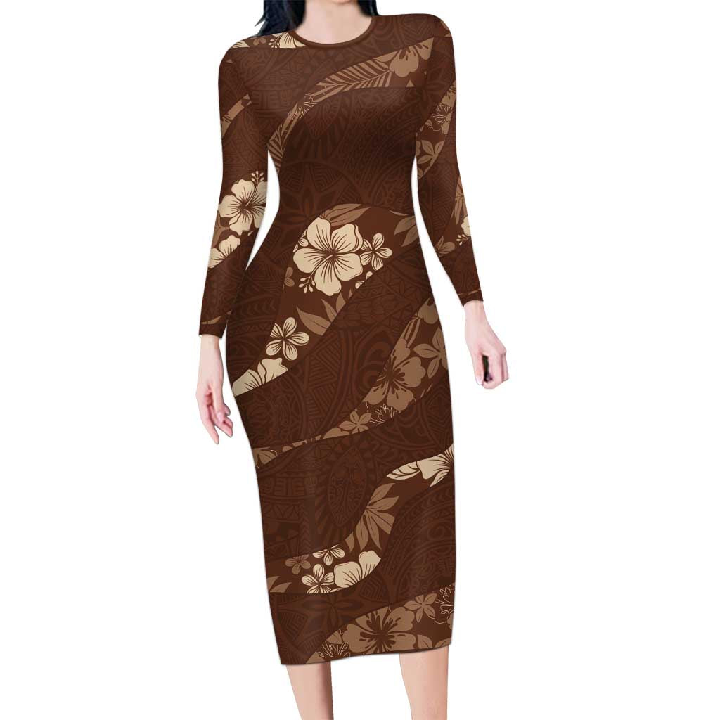 Aloha Hawaii Floral Tapa Long Sleeve Bodycon Dress Patchwork Mocha LT7 Long Dress Mocha - Polynesian Pride