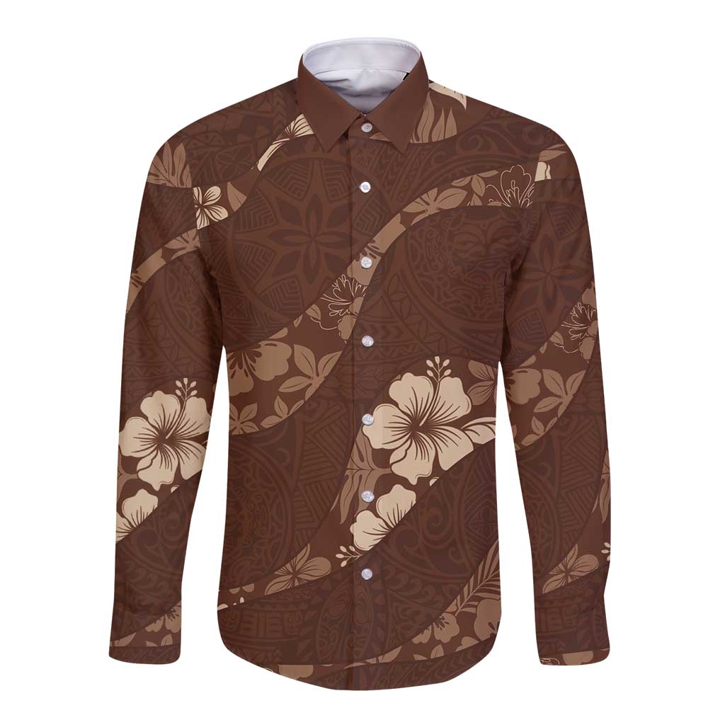 Aloha Hawaii Floral Tapa Long Sleeve Button Shirt Patchwork Mocha LT7 Unisex Mocha - Polynesian Pride