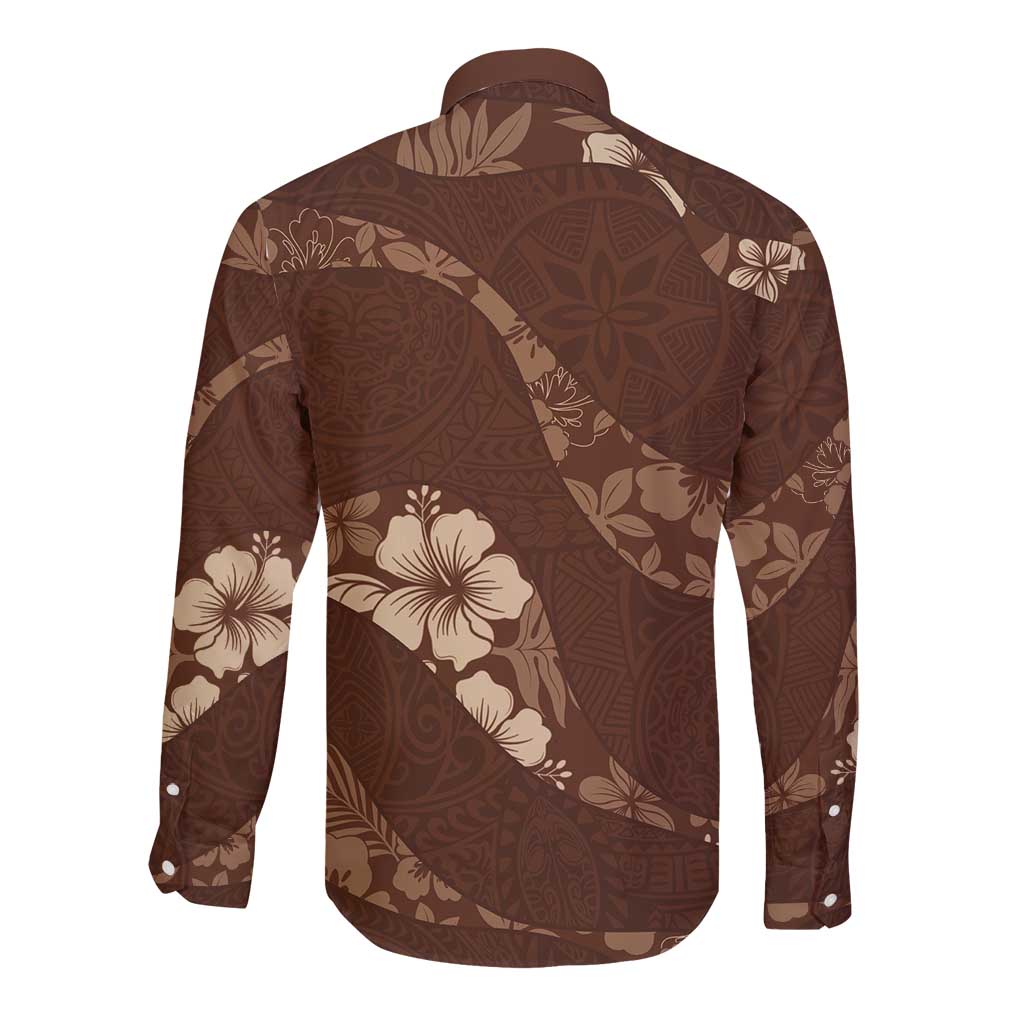 Aloha Hawaii Floral Tapa Long Sleeve Button Shirt Patchwork Mocha LT7 - Polynesian Pride