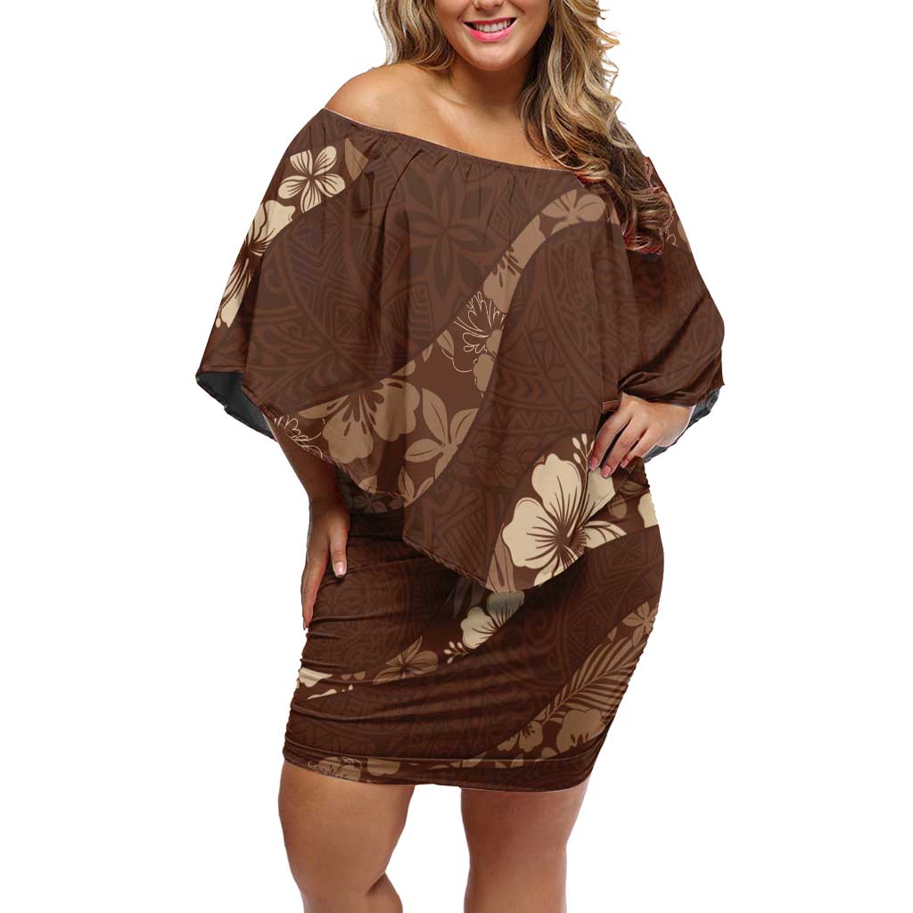 Aloha Hawaii Floral Tapa Off Shoulder Short Dress Patchwork Mocha LT7 Women Mocha - Polynesian Pride