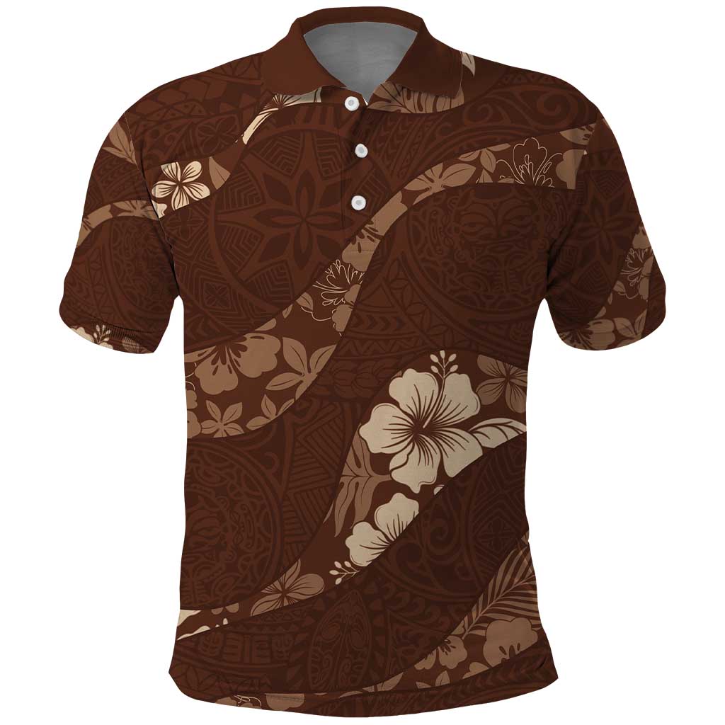 Aloha Hawaii Floral Tapa Polo Shirt Patchwork Mocha LT7 Mocha - Polynesian Pride