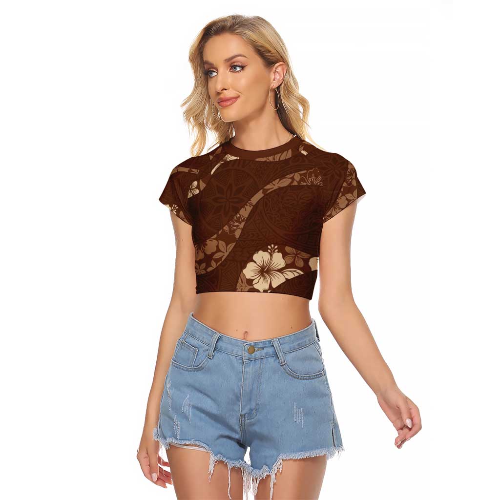 Aloha Hawaii Floral Tapa Raglan Cropped T Shirt Patchwork Mocha LT7 Female Mocha - Polynesian Pride