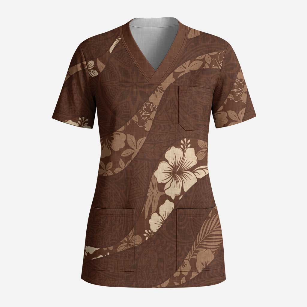 Aloha Hawaii Floral Tapa Scrub Top Patchwork Mocha LT7 Adult Mocha - Polynesian Pride