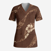 Aloha Hawaii Floral Tapa Scrub Top Patchwork Mocha LT7 Adult Mocha - Polynesian Pride