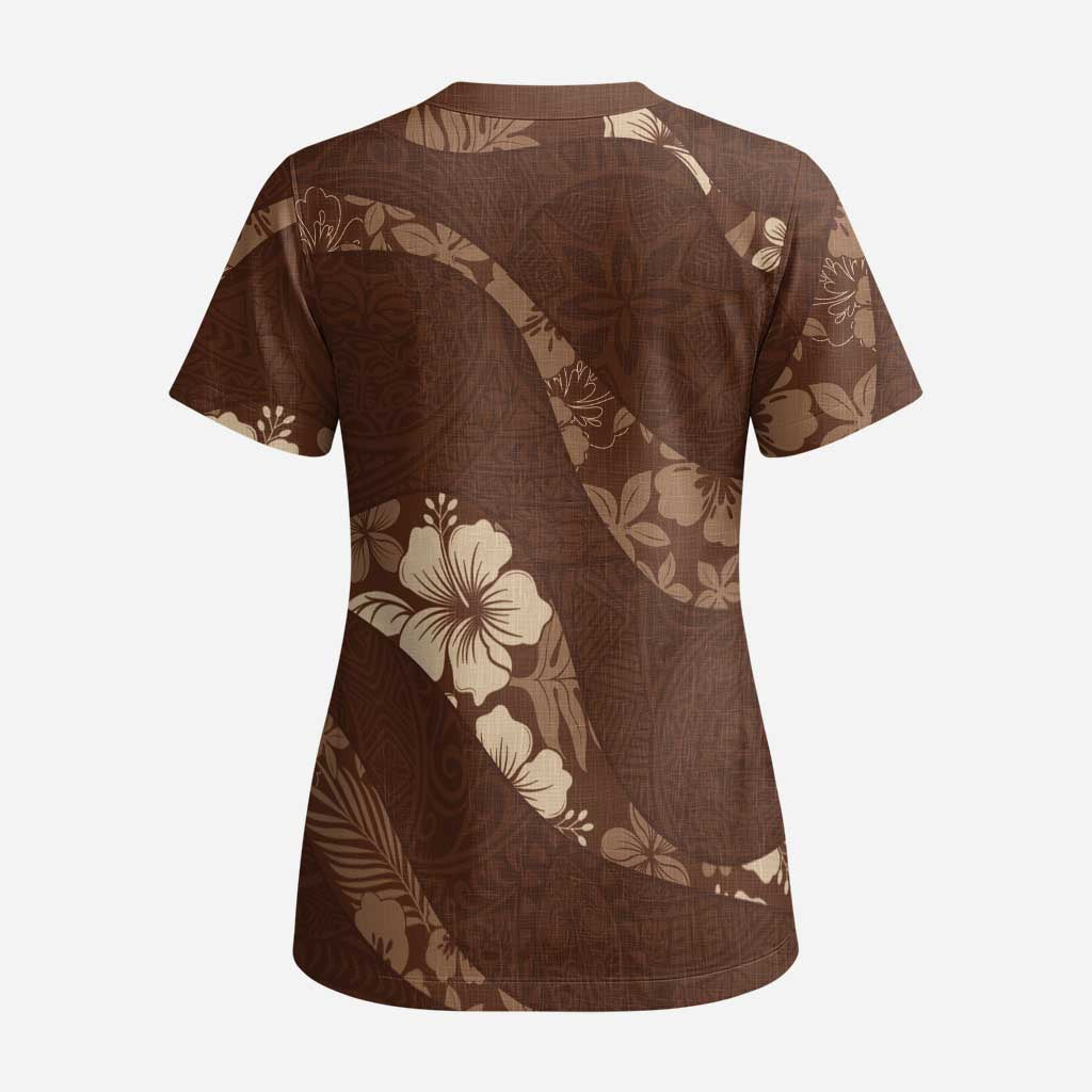 Aloha Hawaii Floral Tapa Scrub Top Patchwork Mocha LT7 - Polynesian Pride