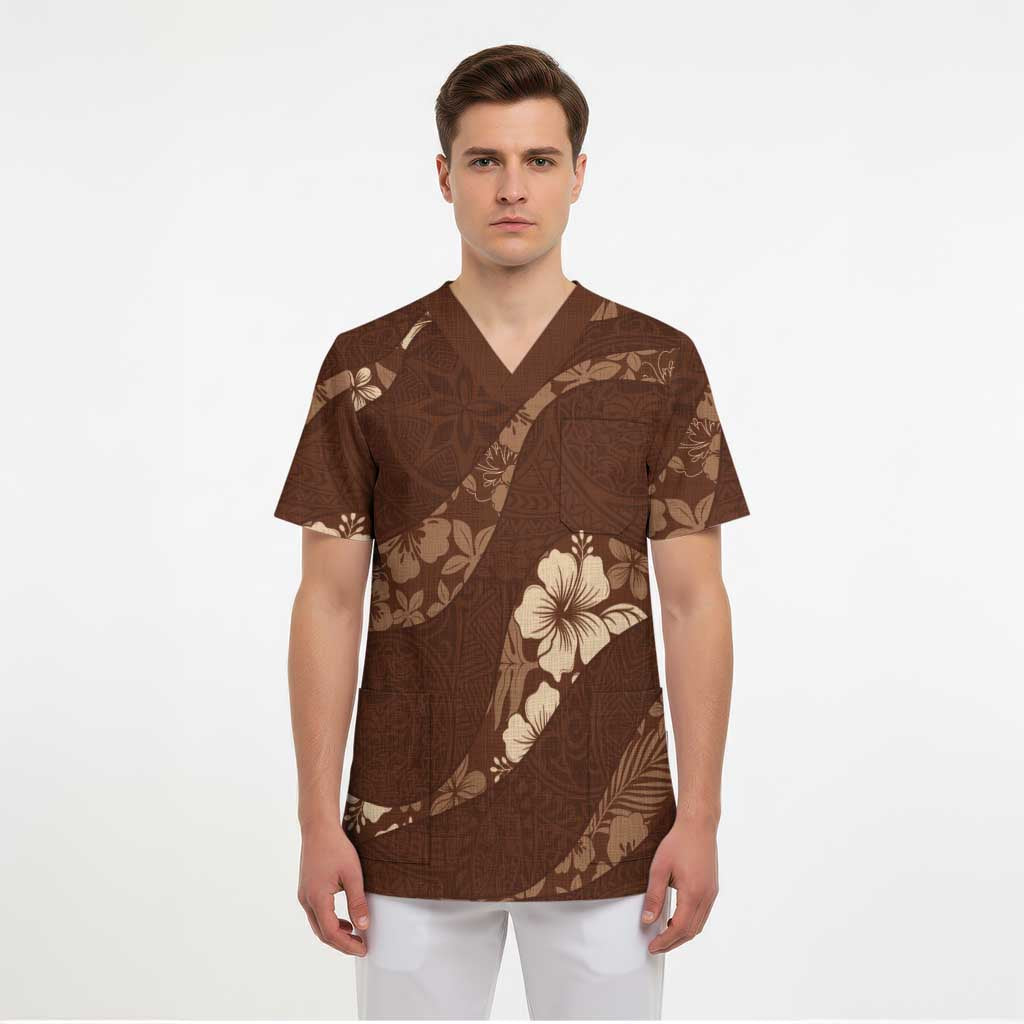 Aloha Hawaii Floral Tapa Scrub Top Patchwork Mocha LT7 - Polynesian Pride