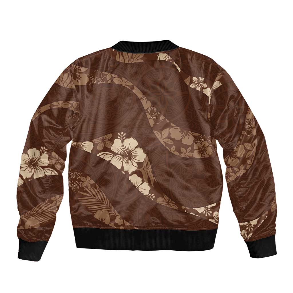 Aloha Hawaii Floral Tapa Sleeve Zip Bomber Jacket Patchwork Mocha LT7 - Polynesian Pride