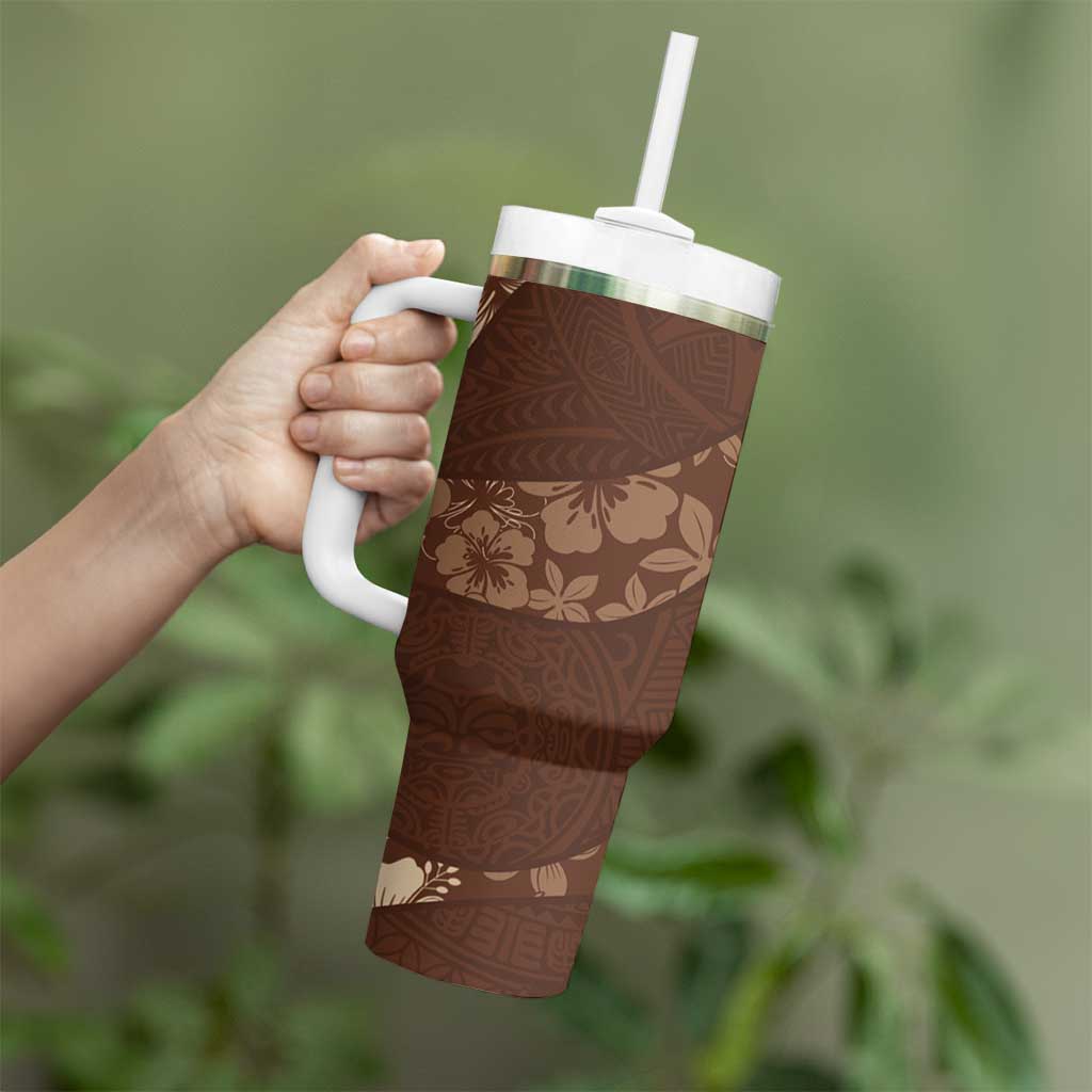 Aloha Hawaii Floral Tapa Tumbler With Handle Patchwork Mocha LT7 - Polynesian Pride