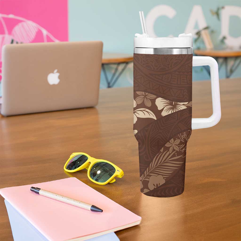 Aloha Hawaii Floral Tapa Tumbler With Handle Patchwork Mocha LT7 - Polynesian Pride