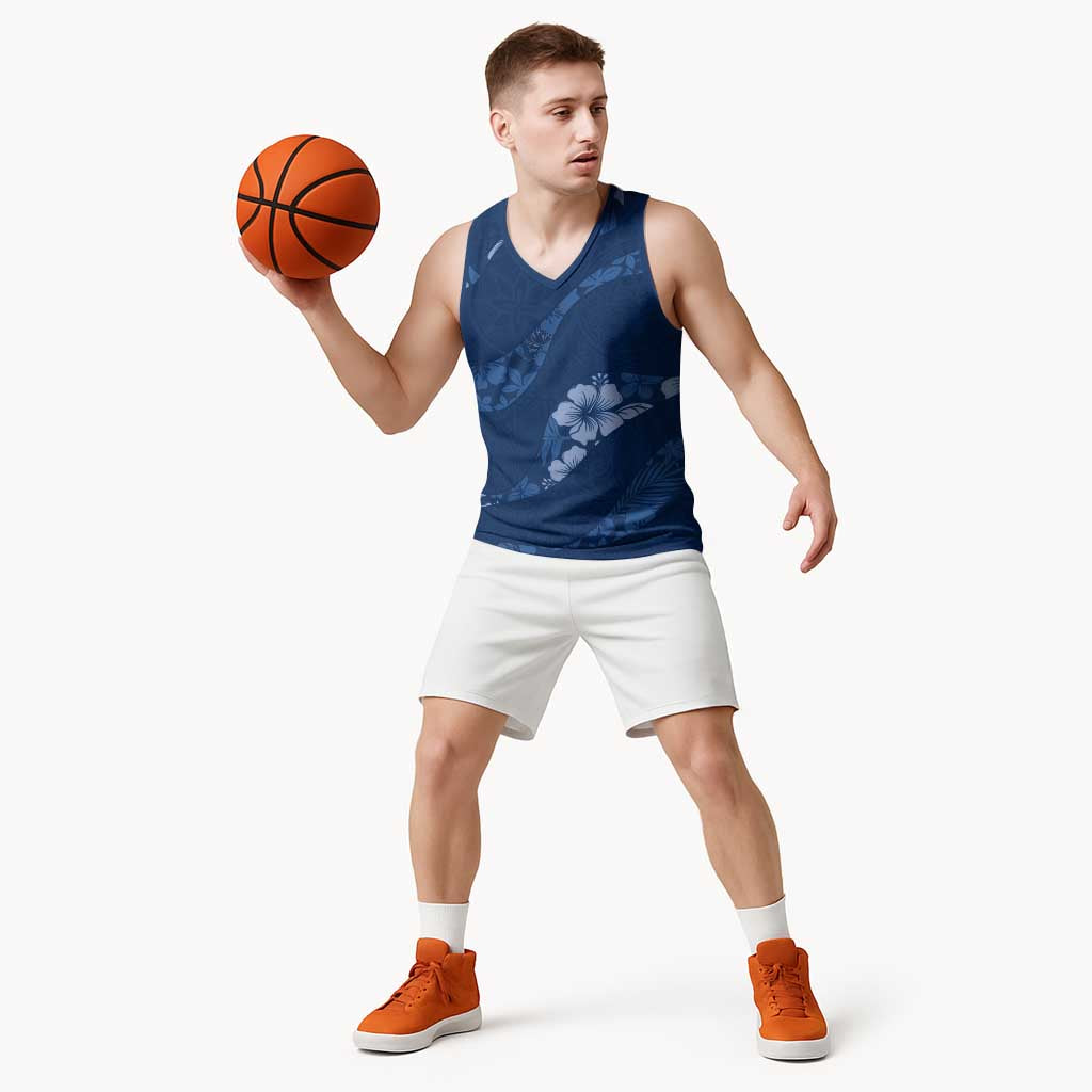 Aloha Hawaii Floral Tapa Basketball Jersey Patchwork Navy LT7 - Polynesian Pride