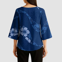 Aloha Hawaii Floral Tapa Kimono Sleeve Blouse Patchwork Navy LT7 - Polynesian Pride