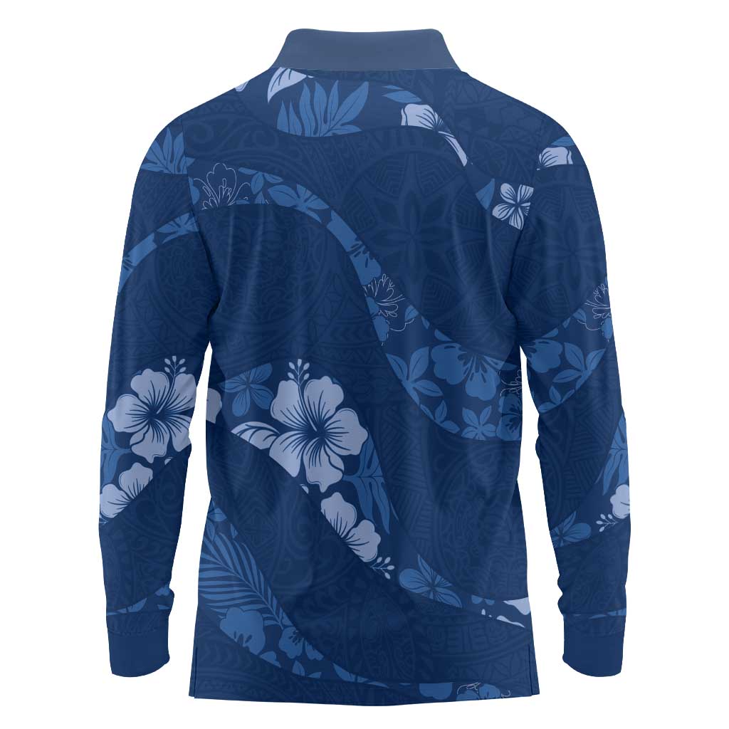 Aloha Hawaii Floral Tapa Long Sleeve Polo Shirt Patchwork Navy LT7 - Polynesian Pride