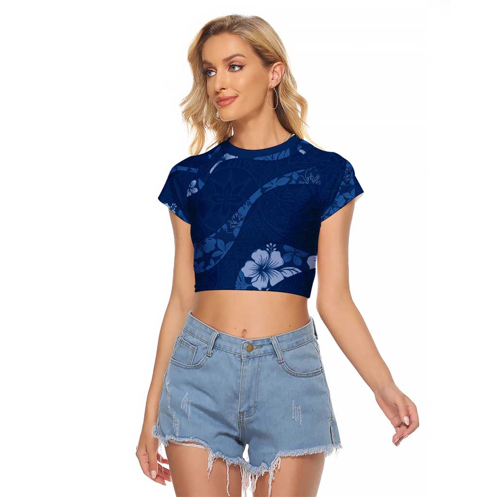 Aloha Hawaii Floral Tapa Raglan Cropped T Shirt Patchwork Navy LT7 Female Navy - Polynesian Pride