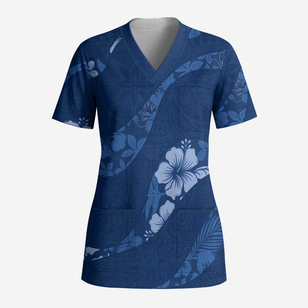 Aloha Hawaii Floral Tapa Scrub Top Patchwork Navy LT7 Adult Navy - Polynesian Pride