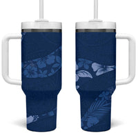 Aloha Hawaii Floral Tapa Tumbler With Handle Patchwork Navy LT7 One Size: 40 oz Navy - Polynesian Pride