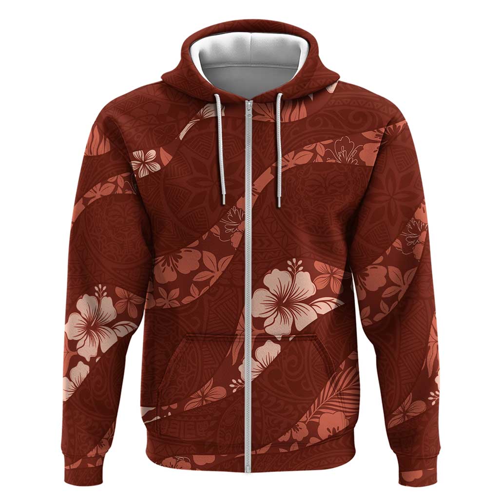 Aloha Hawaii Floral Tapa Hoodie Patchwork Crimson LT7 Zip Hoodie Crimson - Polynesian Pride