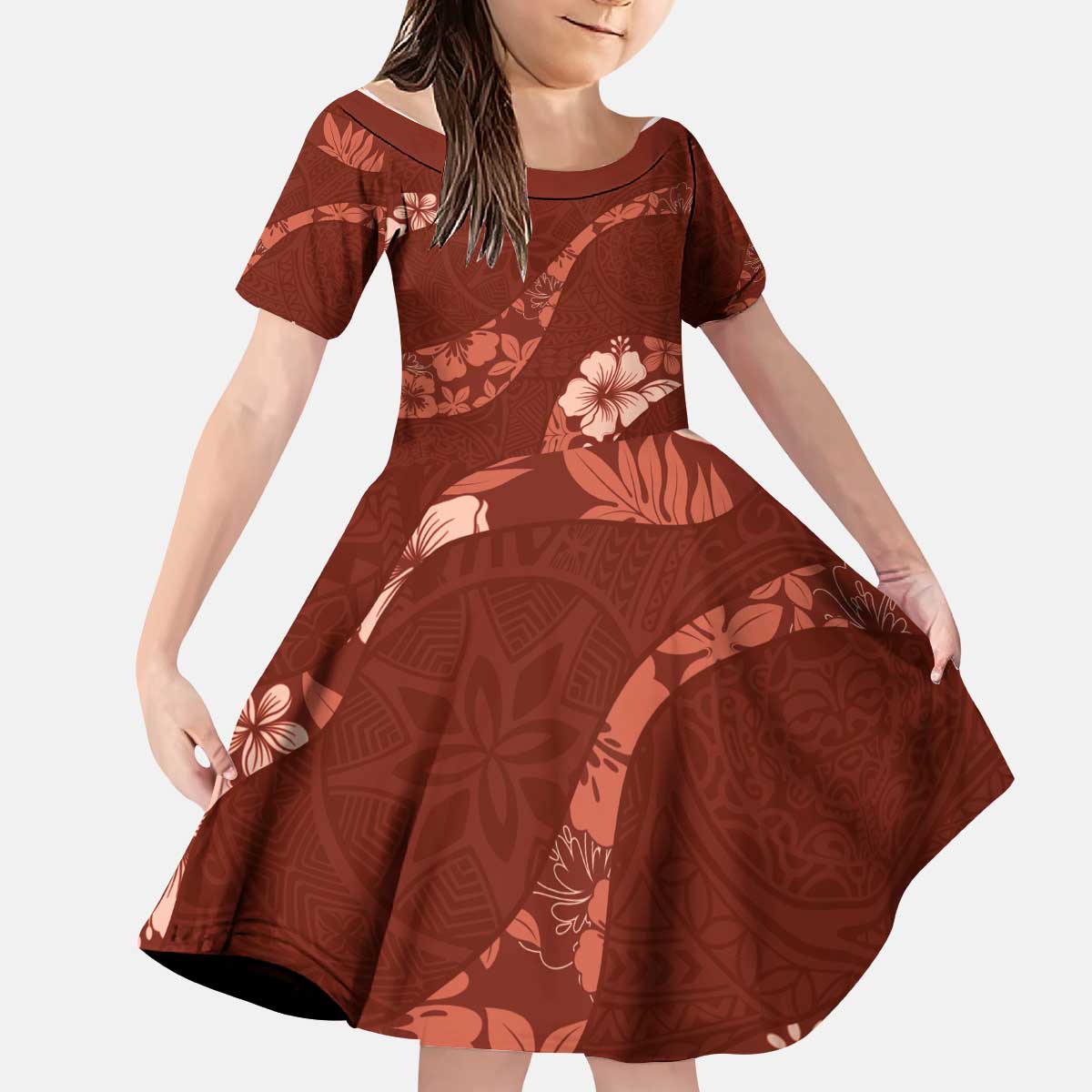 Aloha Hawaii Floral Tapa Kid Short Sleeve Dress Patchwork Crimson LT7 KID Crimson - Polynesian Pride