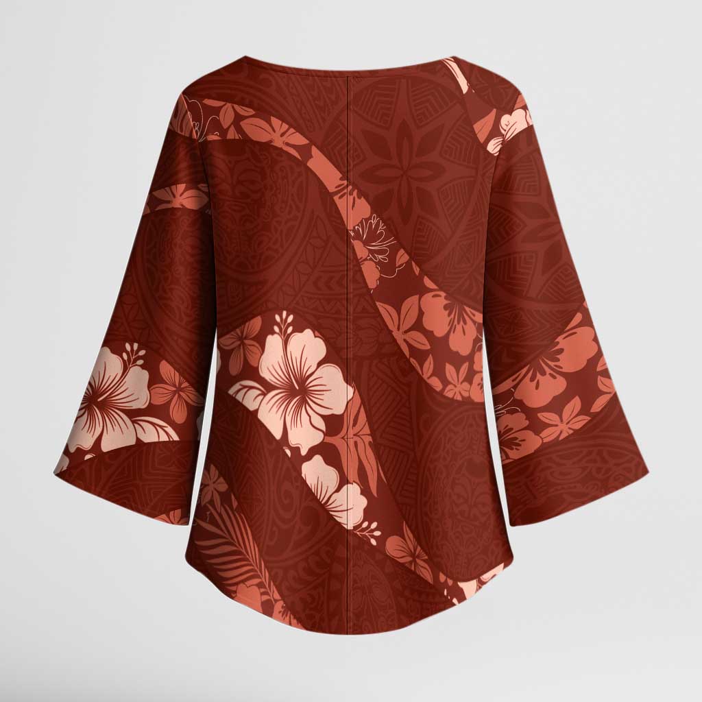 Aloha Hawaii Floral Tapa Kimono Sleeve Blouse Patchwork Crimson LT7 - Polynesian Pride