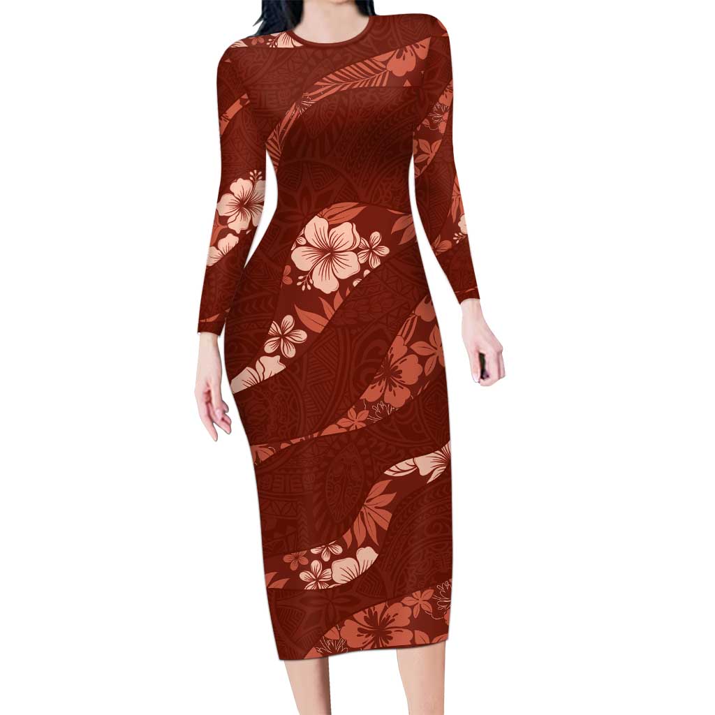 Aloha Hawaii Floral Tapa Long Sleeve Bodycon Dress Patchwork Crimson LT7 Long Dress Crimson - Polynesian Pride