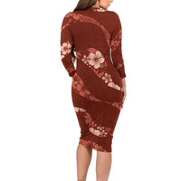 Aloha Hawaii Floral Tapa Long Sleeve Bodycon Dress Patchwork Crimson LT7 - Polynesian Pride