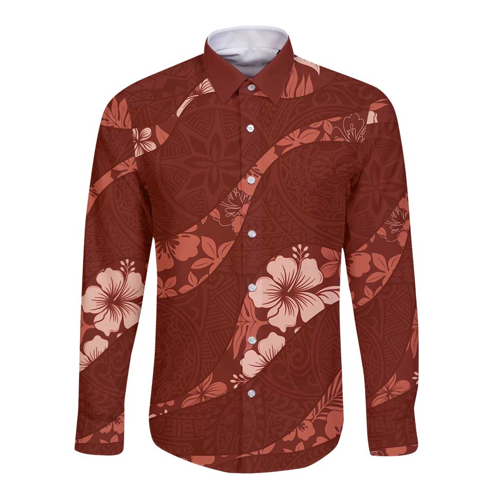 Aloha Hawaii Floral Tapa Long Sleeve Button Shirt Patchwork Crimson LT7 Unisex Crimson - Polynesian Pride