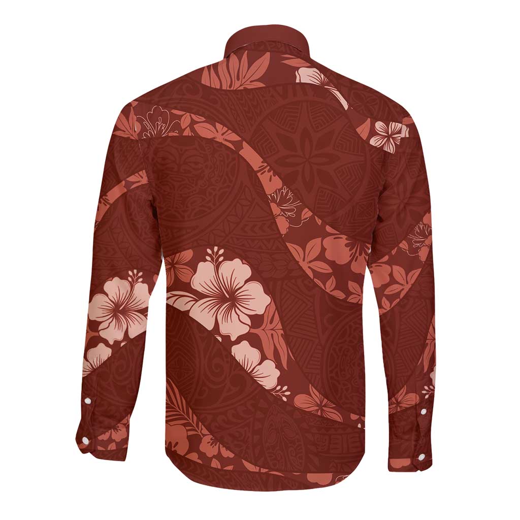 Aloha Hawaii Floral Tapa Long Sleeve Button Shirt Patchwork Crimson LT7 - Polynesian Pride