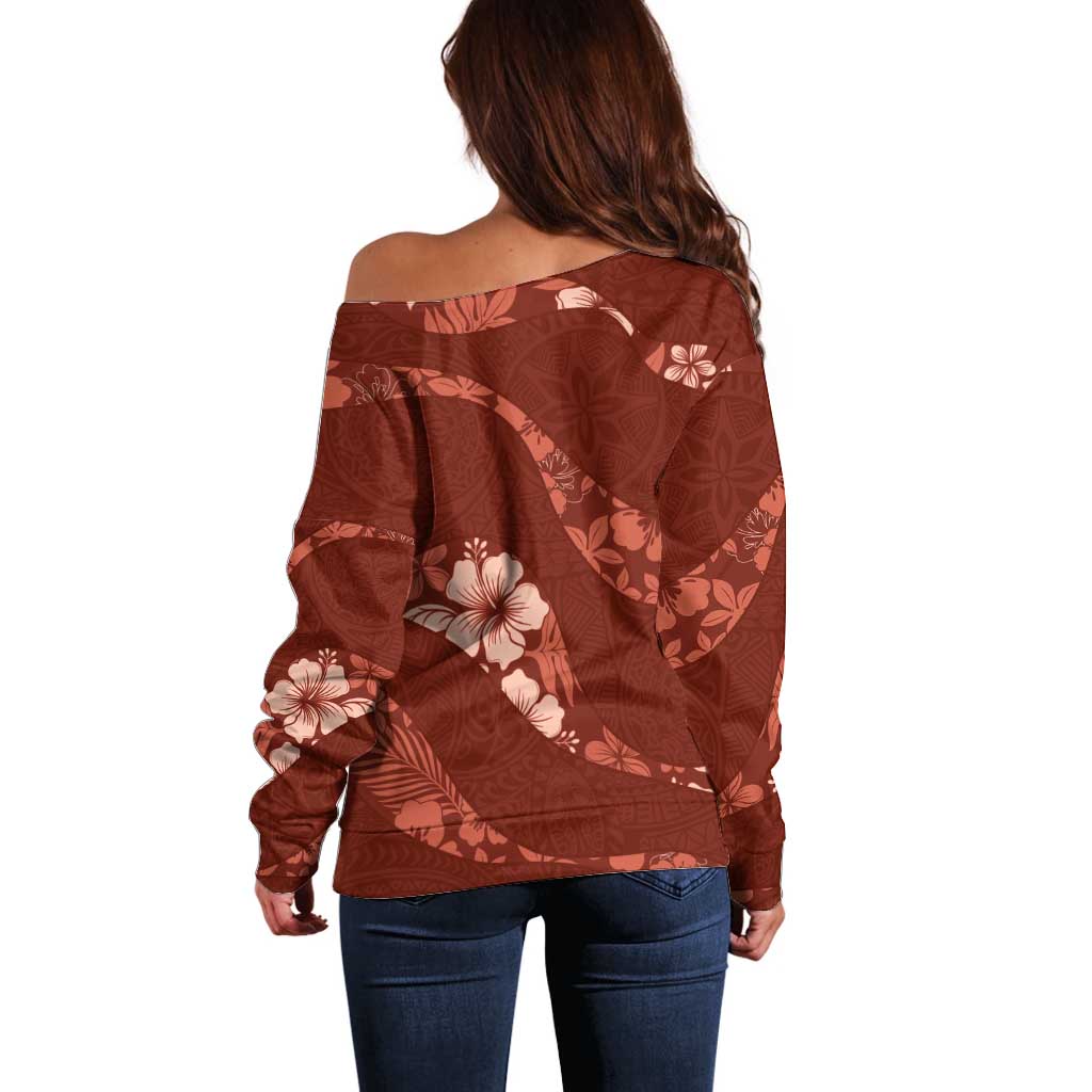 Aloha Hawaii Floral Tapa Off Shoulder Sweater Patchwork Crimson LT7 - Polynesian Pride
