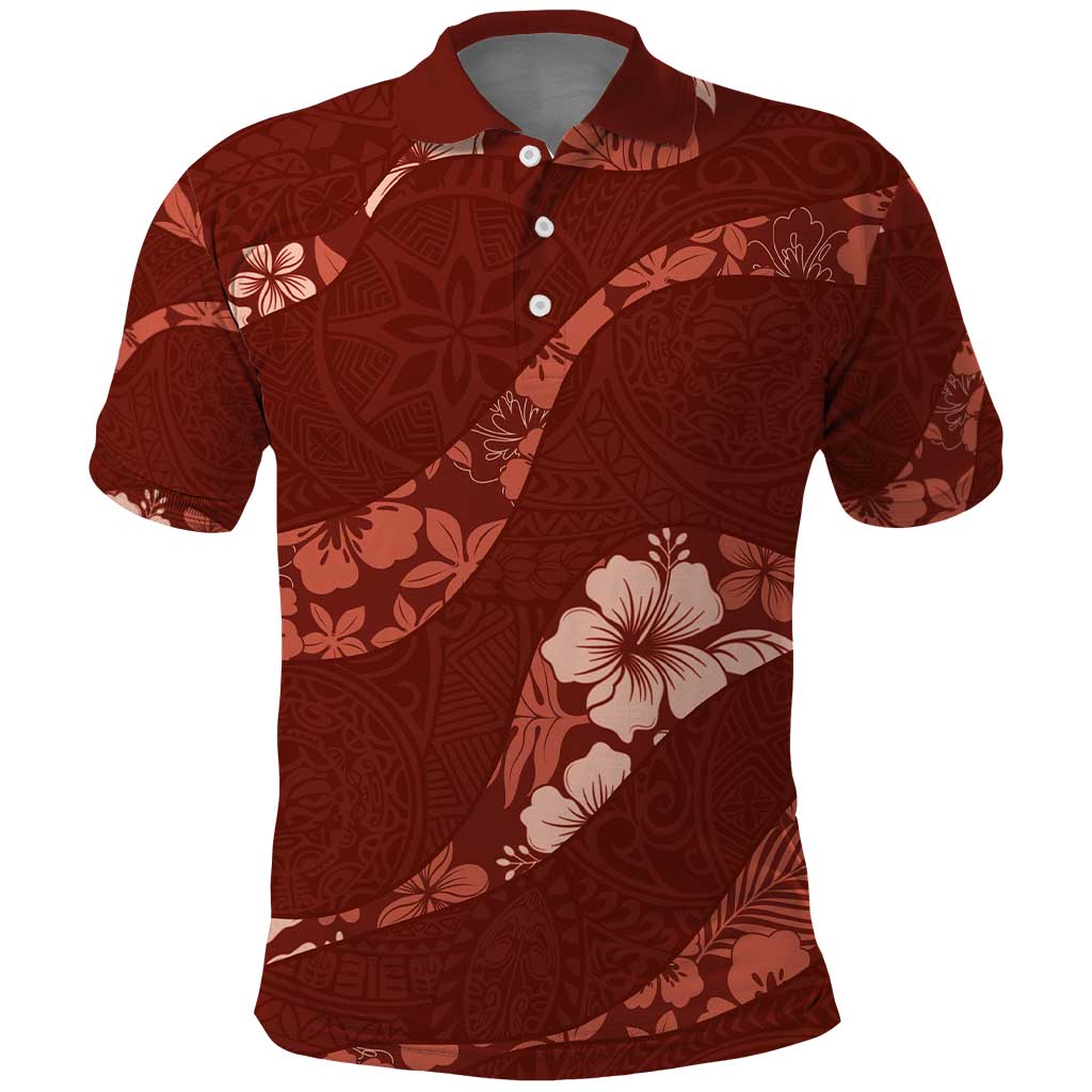 Aloha Hawaii Floral Tapa Polo Shirt Patchwork Crimson LT7 Crimson - Polynesian Pride