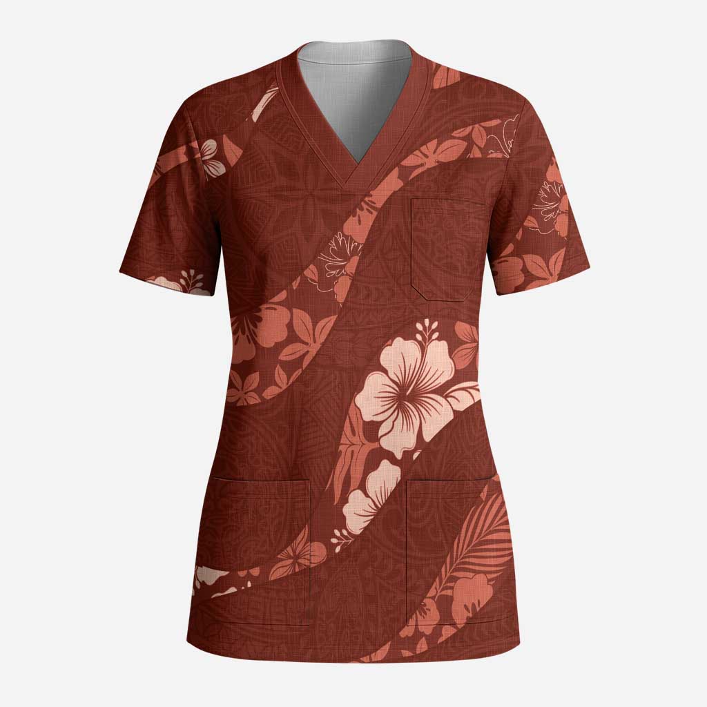 Aloha Hawaii Floral Tapa Scrub Top Patchwork Crimson LT7 Adult Crimson - Polynesian Pride