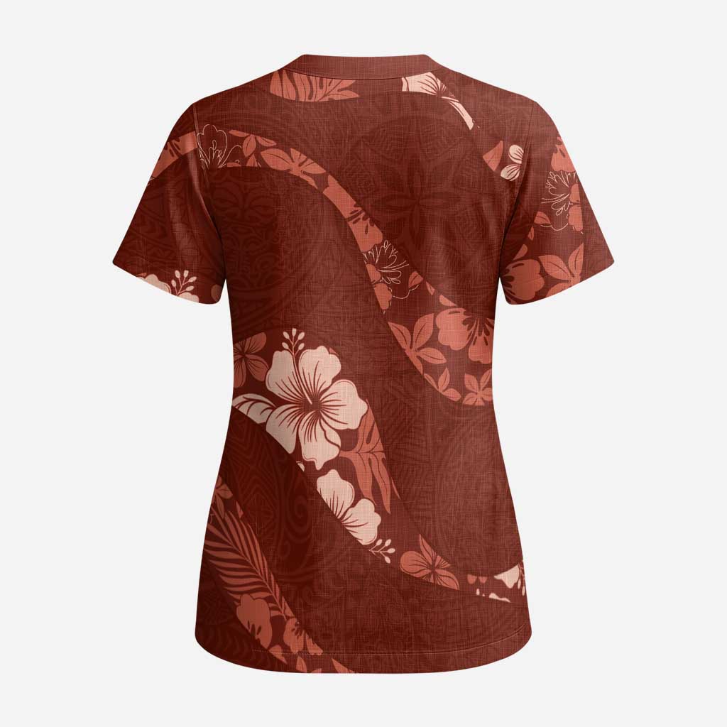 Aloha Hawaii Floral Tapa Scrub Top Patchwork Crimson LT7 - Polynesian Pride
