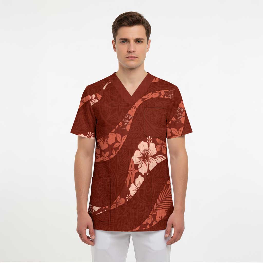 Aloha Hawaii Floral Tapa Scrub Top Patchwork Crimson LT7 - Polynesian Pride