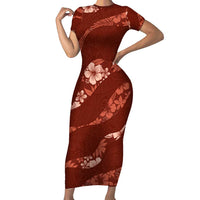 Aloha Hawaii Floral Tapa Short Sleeve Bodycon Dress Patchwork Crimson LT7 Long Dress Crimson - Polynesian Pride
