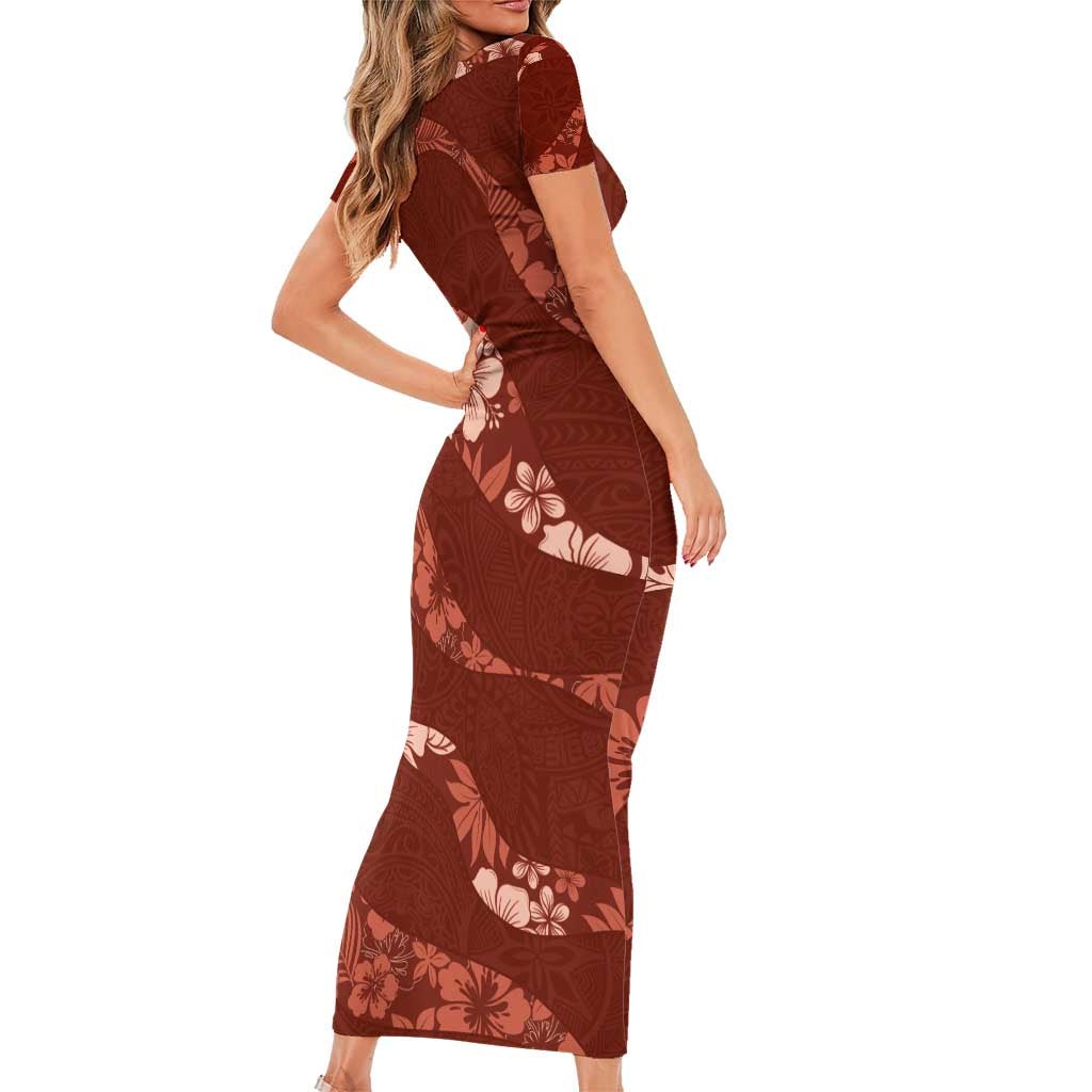 Aloha Hawaii Floral Tapa Short Sleeve Bodycon Dress Patchwork Crimson LT7 - Polynesian Pride