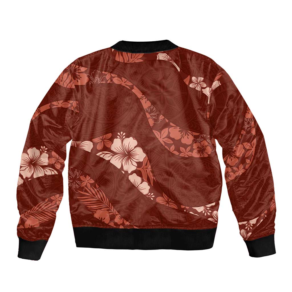 Aloha Hawaii Floral Tapa Sleeve Zip Bomber Jacket Patchwork Crimson LT7 - Polynesian Pride