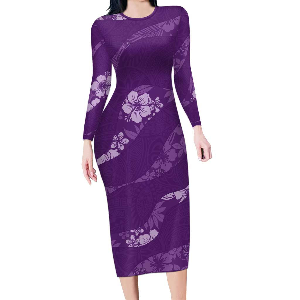 Aloha Hawaii Floral Tapa Long Sleeve Bodycon Dress Patchwork Violet LT7 Long Dress Violet - Polynesian Pride