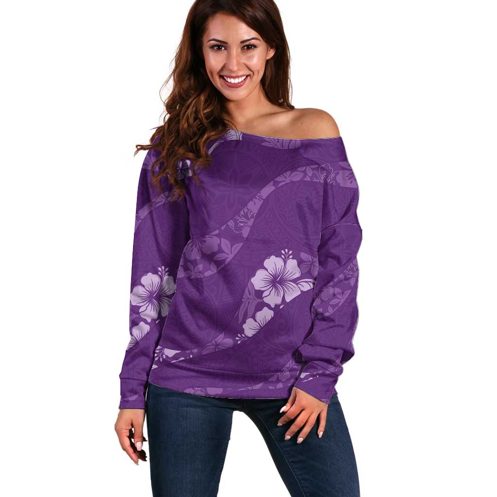 Aloha Hawaii Floral Tapa Off Shoulder Sweater Patchwork Violet LT7 Women Violet - Polynesian Pride