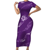 Aloha Hawaii Floral Tapa Short Sleeve Bodycon Dress Patchwork Violet LT7 Long Dress Violet - Polynesian Pride