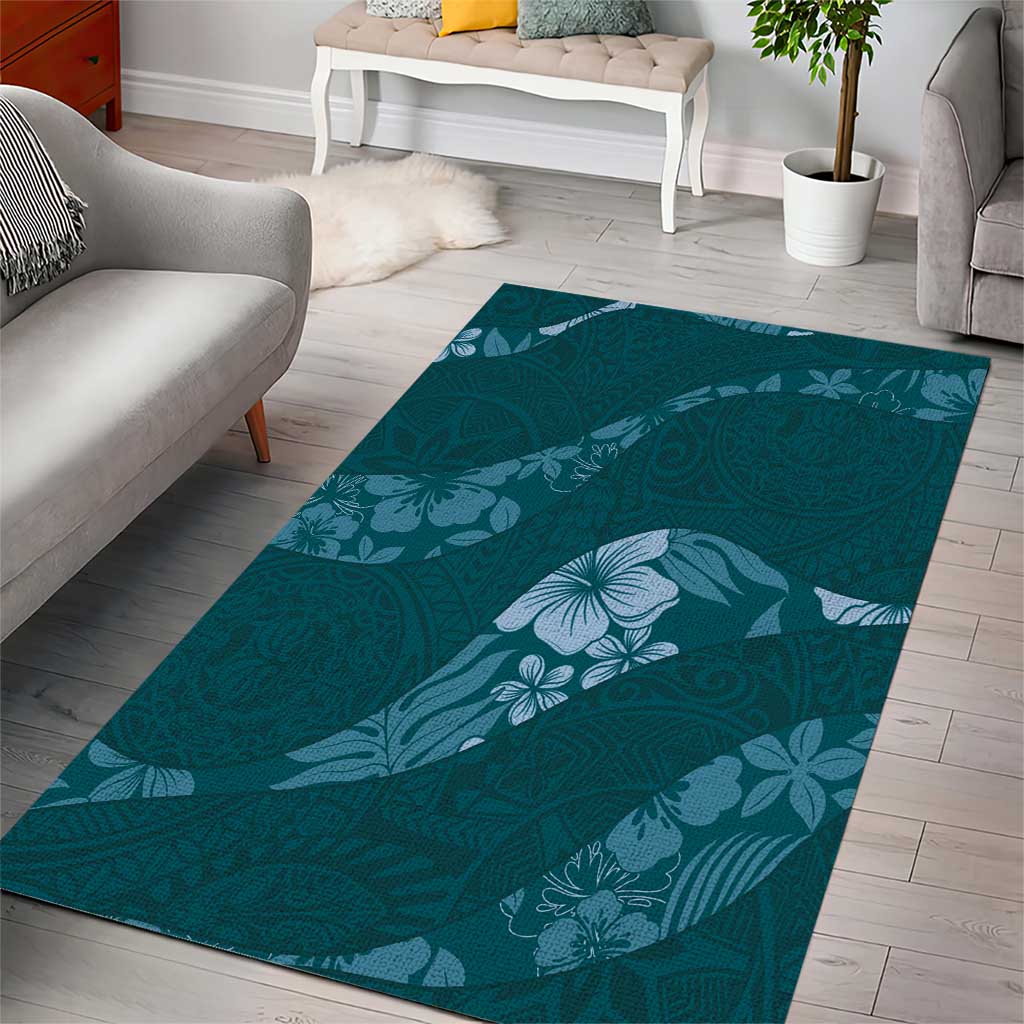 Aloha Hawaii Floral Tapa Area Rug Patchwork Teal LT7 - Polynesian Pride