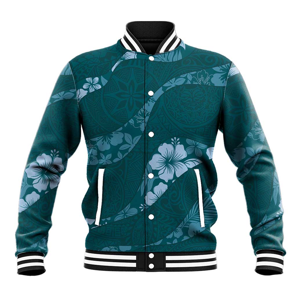 Aloha Hawaii Floral Tapa Baseball Jacket Patchwork Teal LT7 Unisex Teal - Polynesian Pride