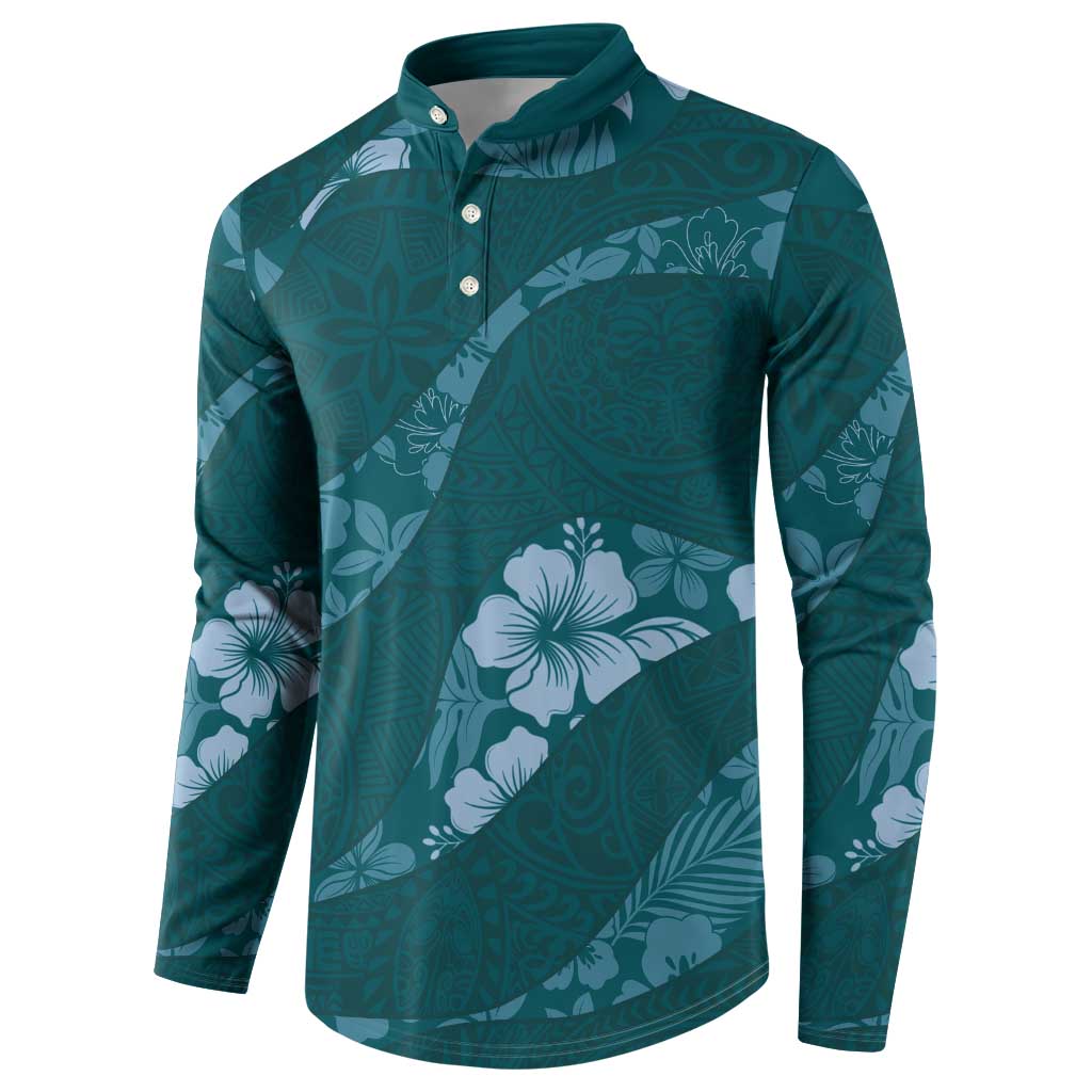 Aloha Hawaii Floral Tapa Button Sweatshirt Patchwork Teal LT7 - Polynesian Pride