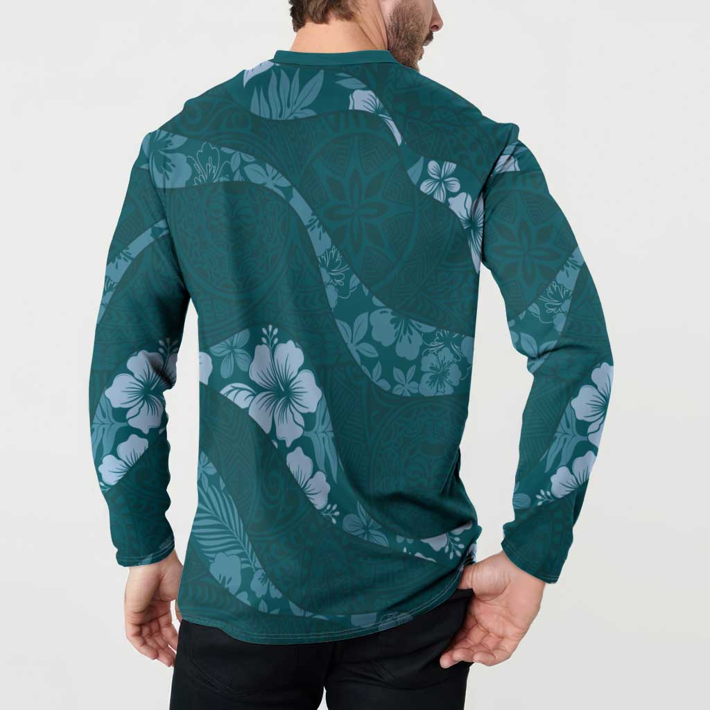 Aloha Hawaii Floral Tapa Button Sweatshirt Patchwork Teal LT7 - Polynesian Pride