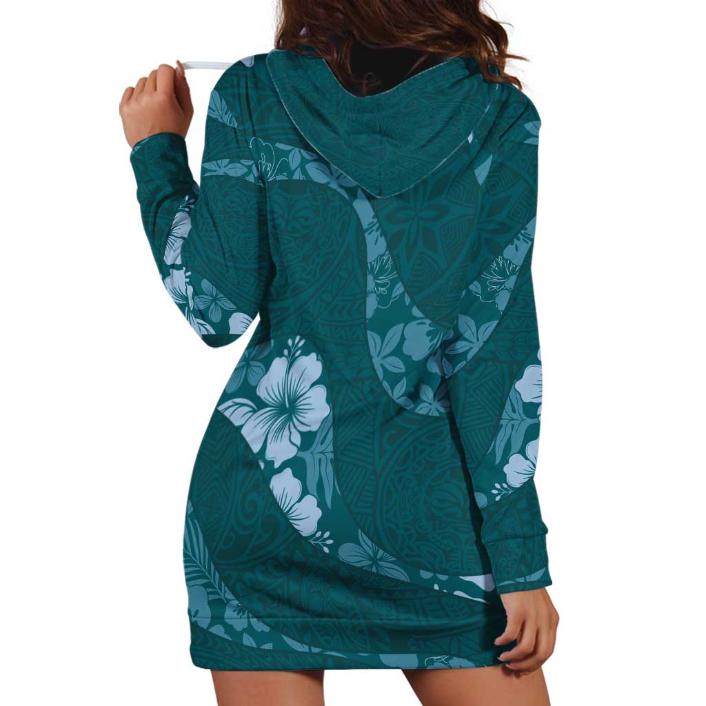 Aloha Hawaii Floral Tapa Hoodie Dress Patchwork Teal LT7 - Polynesian Pride