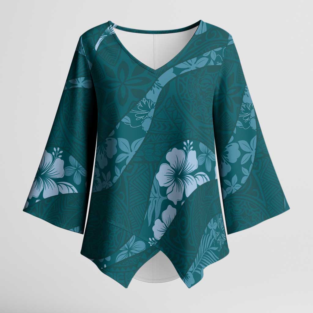 Aloha Hawaii Floral Tapa Kimono Sleeve Blouse Patchwork Teal LT7 Female Teal - Polynesian Pride