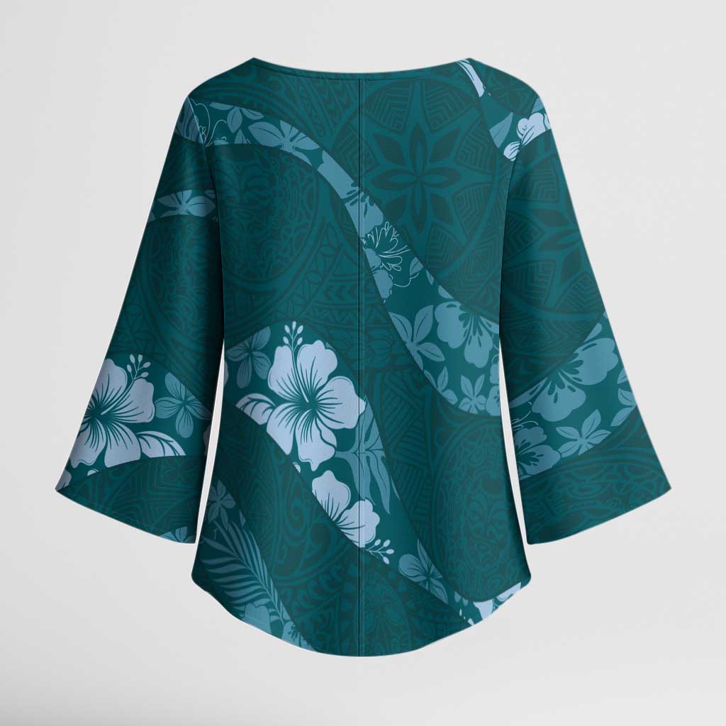 Aloha Hawaii Floral Tapa Kimono Sleeve Blouse Patchwork Teal LT7 - Polynesian Pride