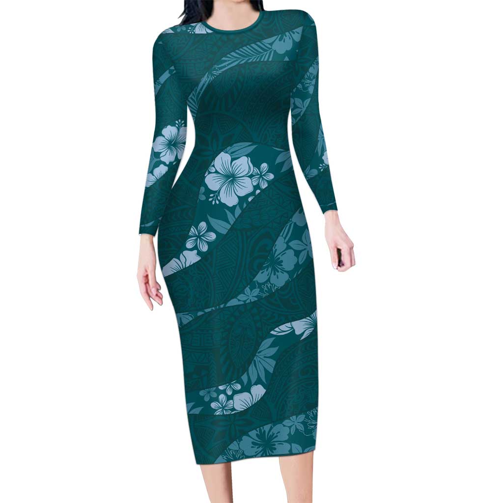 Aloha Hawaii Floral Tapa Long Sleeve Bodycon Dress Patchwork Teal LT7 Long Dress Teal - Polynesian Pride