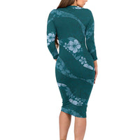 Aloha Hawaii Floral Tapa Long Sleeve Bodycon Dress Patchwork Teal LT7 - Polynesian Pride