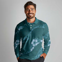 Aloha Hawaii Floral Tapa Long Sleeve Polo Shirt Patchwork Teal LT7 - Polynesian Pride