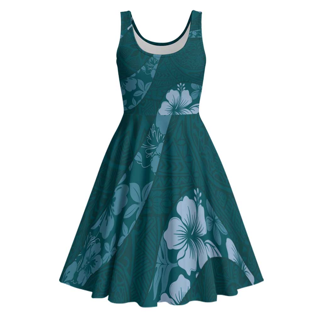 Aloha Hawaii Floral Tapa Midi Dress Patchwork Teal LT7 Teal - Polynesian Pride